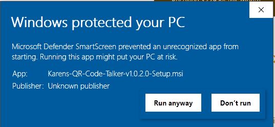screenshot of Windows SmartScreen warning dialog box